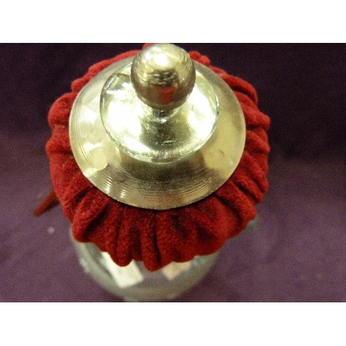 96 - ATTRACTIVE LEBANESE GLASS DECANTER, WITH PADDED VELVET STOPPER. JEWELLED FLOWER DESIGN.