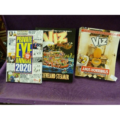 105 - 2 X VIZ ANNUALS 'ANUS HORRIBILIS' AND 'THE CLEVELAND STEAMER'. ALSO PRIVATE EYE ANNUAL 2020.