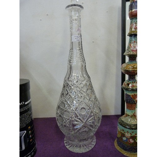 108 - VERY TALL HAND CUT GLASS DECANTER WITH STOPPER.ECHED  83CM H.