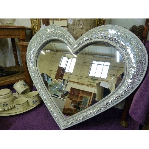 121 - SILVER HEART WALL MIRROR, WITH MOZAIC MIRRORED FRAME. 66 CM W