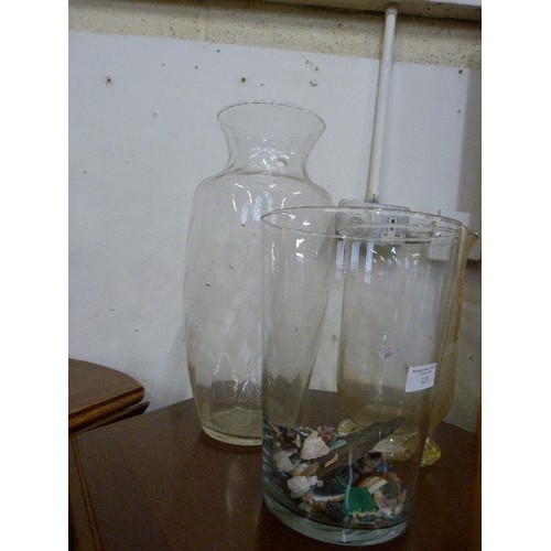 123 - 3 LARGE GLASS VASES. TALLEST 44 CM H