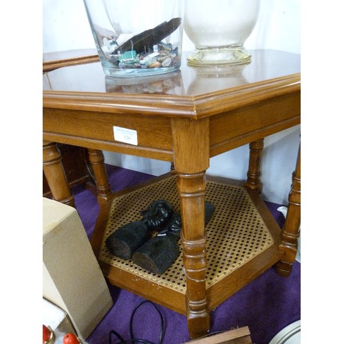 126 - HEXAGONAL COFFEE TABLE WITH RATTAN BOTTOM SHELF.