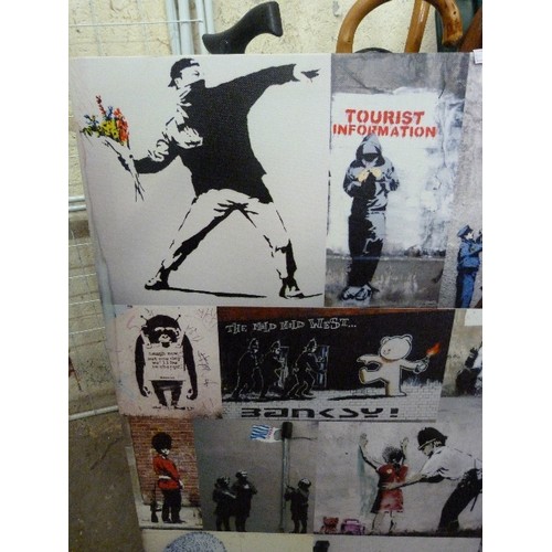 178 - BANKSY MONTAGE ON SQUARE CANVAS. 77CM SQ