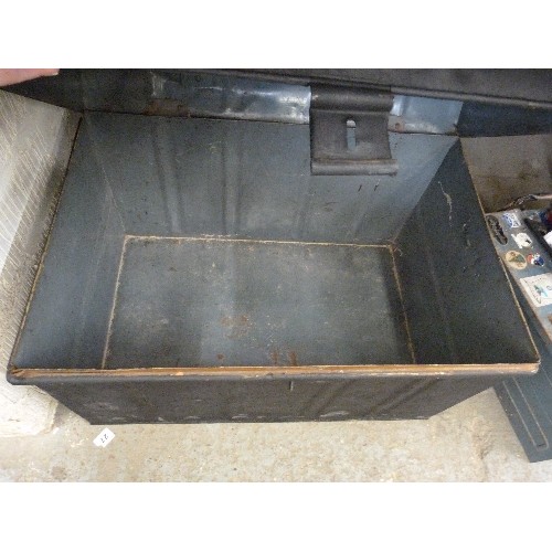 155 - VINTAGE BLACK METAL TRUNK WITH HINGED LID. LID STAMPED 'SGT TAYLOR-POLICE' ETC 65CM W.