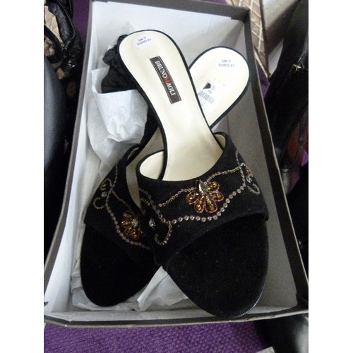 163 - BRUNO MAGLI HEELED BLACK MULES. NEW. WITH 3 FURTHER PAIRS OF BLACK SHOES. 6/7