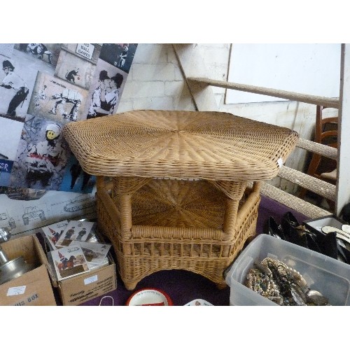 166 - HEXAGONAL WICKER COFFEE TABLE. WITH LOWER SHELF. 80CM POINT TO POINT.