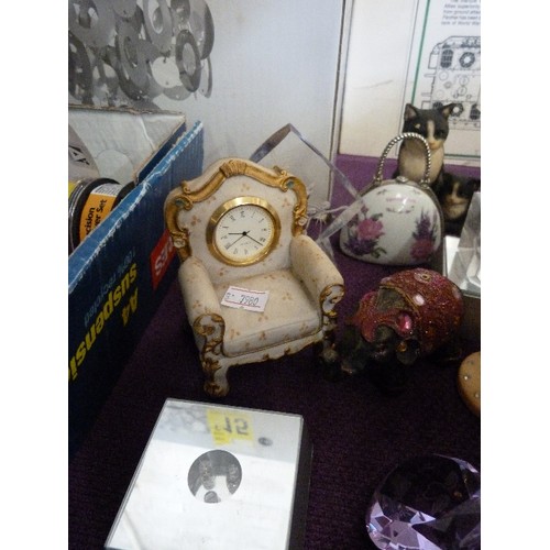 173 - CERAMIC COLLECTION. TINY CLOCK 'ARMCHAIR, 'SPECIAL MUM' GIFTS, CRYSTAL PAPERWEIGHTS ETC.