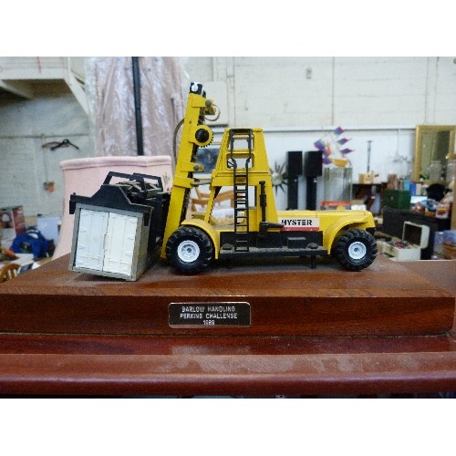 376 - HYSTER FORKLIFT. ON WOODEN BASE, WITH INSCRIPTION 'BARLOW HANDLING, PERKINS CHALLENGE 1989'