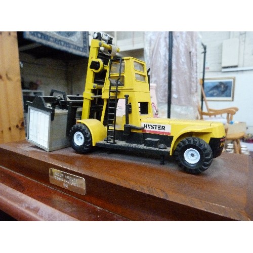 376 - HYSTER FORKLIFT. ON WOODEN BASE, WITH INSCRIPTION 'BARLOW HANDLING, PERKINS CHALLENGE 1989'