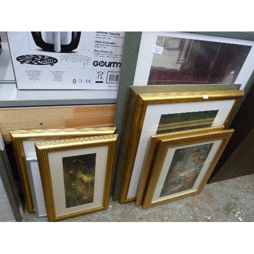 389 - COLLECTION OF 8 X PRINTS WITH CHERUB OR PRE-RAPHAELITE THEME. FRAMED/GLAZED IN GOLD AND SAGE.