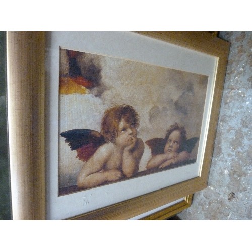 389 - COLLECTION OF 8 X PRINTS WITH CHERUB OR PRE-RAPHAELITE THEME. FRAMED/GLAZED IN GOLD AND SAGE.