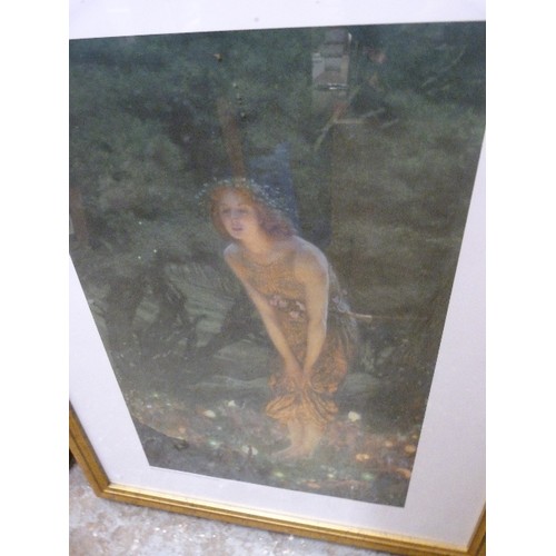 389 - COLLECTION OF 8 X PRINTS WITH CHERUB OR PRE-RAPHAELITE THEME. FRAMED/GLAZED IN GOLD AND SAGE.