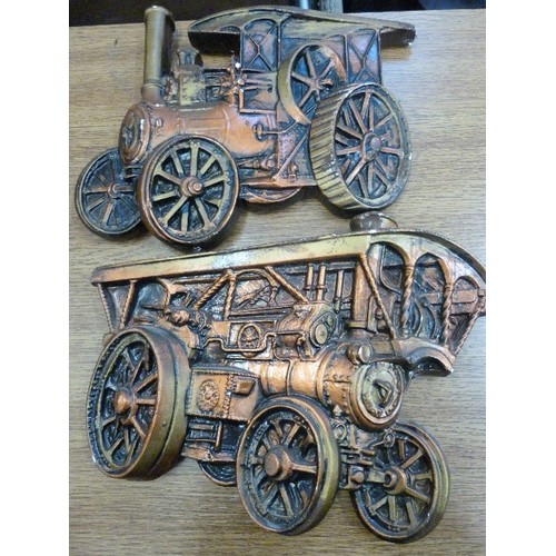 396 - STEAM ENGINE INTEREST. PAIR OF COPPER EFFECT METAL WALL PLAQUES.