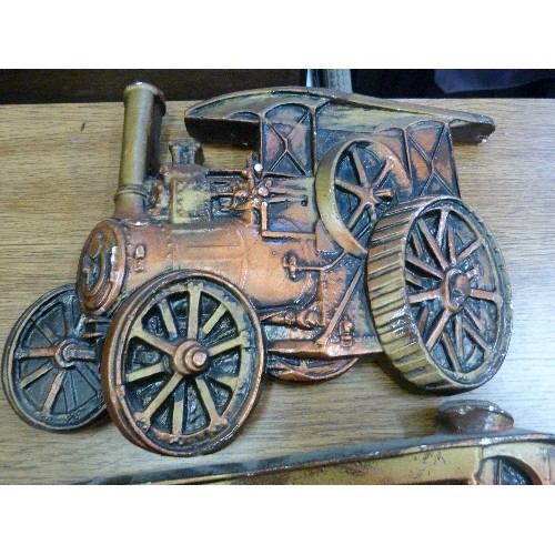 396 - STEAM ENGINE INTEREST. PAIR OF COPPER EFFECT METAL WALL PLAQUES.