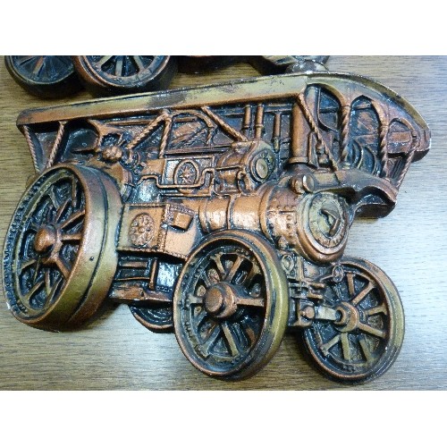 396 - STEAM ENGINE INTEREST. PAIR OF COPPER EFFECT METAL WALL PLAQUES.