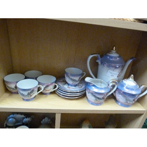 400 - LOVELY JAPANESE PORCELAIN TEA SET. HAND-PAINTED- RAISED CHINESE DRAGON DESIGN. BLUES & IRRIDESCENT E... 