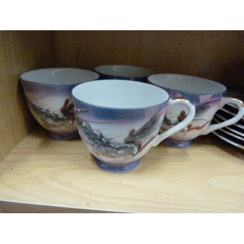 400 - LOVELY JAPANESE PORCELAIN TEA SET. HAND-PAINTED- RAISED CHINESE DRAGON DESIGN. BLUES & IRRIDESCENT E... 