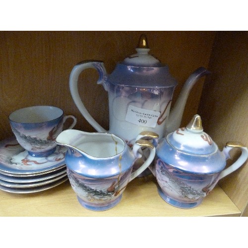 400 - LOVELY JAPANESE PORCELAIN TEA SET. HAND-PAINTED- RAISED CHINESE DRAGON DESIGN. BLUES & IRRIDESCENT E... 