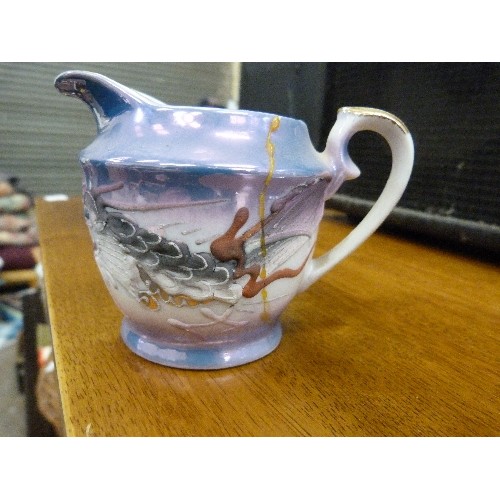 400 - LOVELY JAPANESE PORCELAIN TEA SET. HAND-PAINTED- RAISED CHINESE DRAGON DESIGN. BLUES & IRRIDESCENT E... 