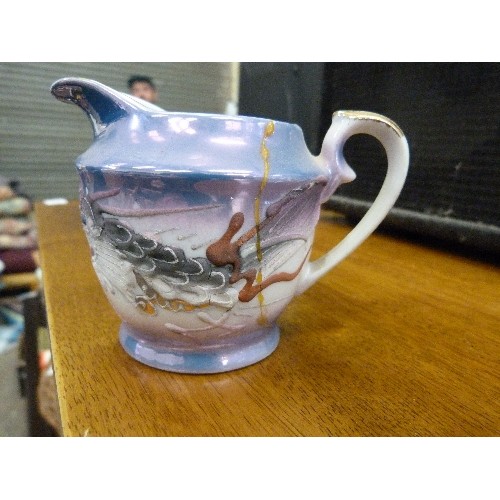 400 - LOVELY JAPANESE PORCELAIN TEA SET. HAND-PAINTED- RAISED CHINESE DRAGON DESIGN. BLUES & IRRIDESCENT E... 