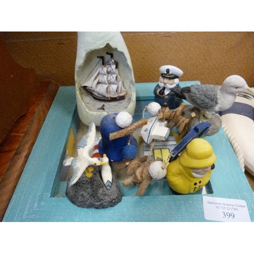 399 - BEACH/COASTAL THEMED ITEMS. INC SMALL 3D BOAT PICTURES, SEAGULLS, SAILORS, FISHERMEN ETC.