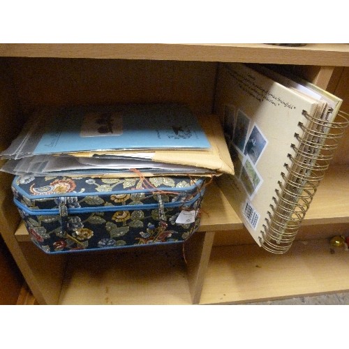 402 - NAVY FLORAL SEWING BOX. SOME SWISS DARNING EMBROIDERY KITS, AND A GREETINGS CARD BOOK CONTAINING CAR... 