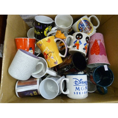 406 - BOX FULL OF NOVELTY MUGS. ROBINSONS GOLLY, DISNEY 1990, GARFIELD, CHRISTMAS THEMED MUGS, DOCTOR WHO ... 