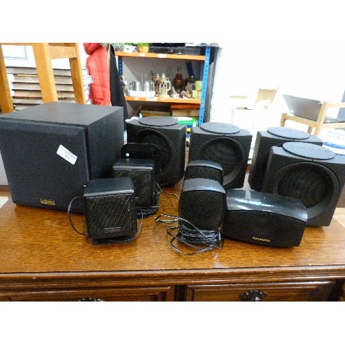 408 - SET OF SMALL WHARFEDALE MODUS SPEAKERS, A SET OF CAMBRIDGE SOUNDWORKS SPEAKERS, AND PANASONIC.