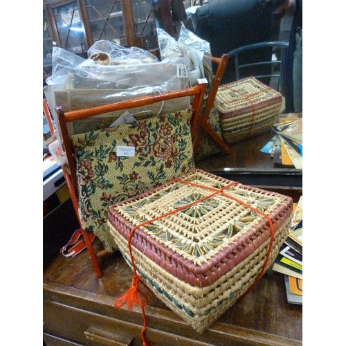 445 - VINTAGE TAPESTRY SEWING BAG ON WOODEN FRAME, ALSO LIDDED STRAW BOX. BOTH FULL OF SEWING ITEMS, PART-... 