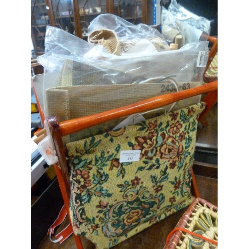 445 - VINTAGE TAPESTRY SEWING BAG ON WOODEN FRAME, ALSO LIDDED STRAW BOX. BOTH FULL OF SEWING ITEMS, PART-... 