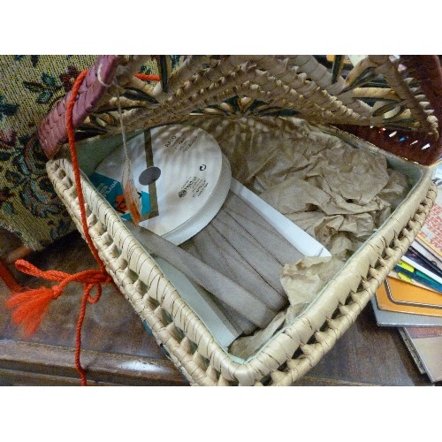 445 - VINTAGE TAPESTRY SEWING BAG ON WOODEN FRAME, ALSO LIDDED STRAW BOX. BOTH FULL OF SEWING ITEMS, PART-... 