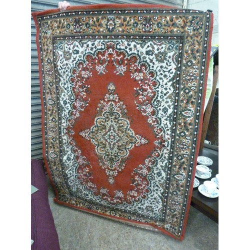 403 - FLOOR RUG. RECTANGULAR. RED/SAND/GREEN/CREAM.