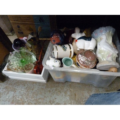 443 - 2 BOXES OF MIXED VINTAGE CHINA AND DECORATIVE ORNAMENTS. A LIDDED DUCK TUREEN, A TURTLE DOVE VASE, D... 