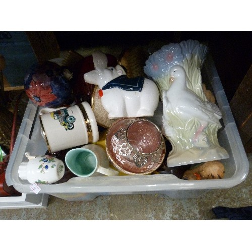 443 - 2 BOXES OF MIXED VINTAGE CHINA AND DECORATIVE ORNAMENTS. A LIDDED DUCK TUREEN, A TURTLE DOVE VASE, D... 