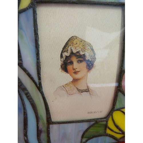 3 - ART NOUVEAU STYLE LEADED GLASS PHOTO FRAME WITH PRINT OF LADY