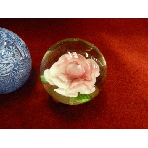 6 - 3 X PAPERWEIGHTS - PINK FLOWER, BLUE RIBBON SWIRL & 