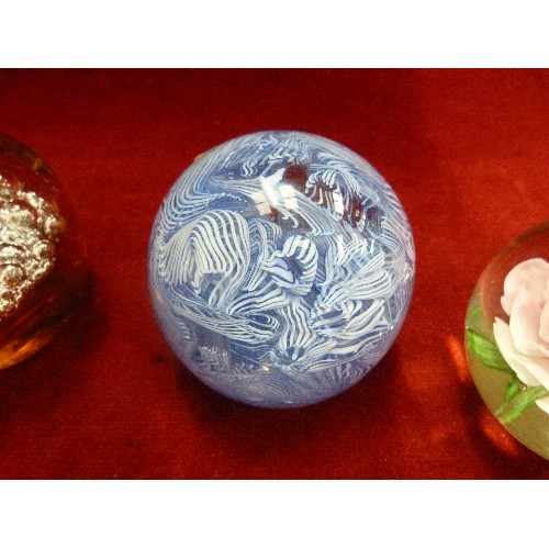 6 - 3 X PAPERWEIGHTS - PINK FLOWER, BLUE RIBBON SWIRL & 