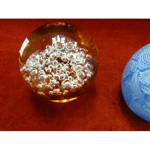 6 - 3 X PAPERWEIGHTS - PINK FLOWER, BLUE RIBBON SWIRL & 