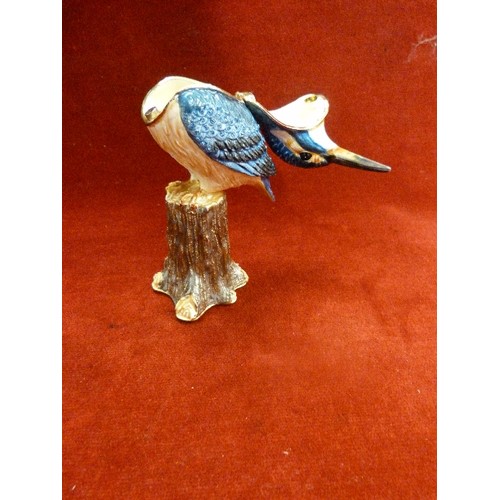 7 - ENAMELLED & GEM ENCRUSTED METAL KINGFISHER ORNAMENT BOX- HINGED AT NECK - 13CM