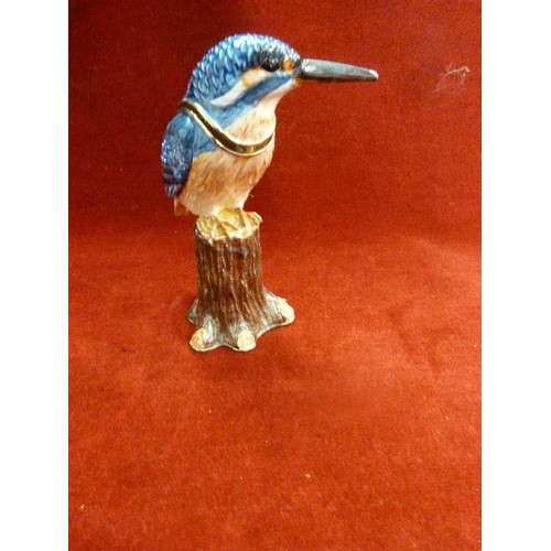 7 - ENAMELLED & GEM ENCRUSTED METAL KINGFISHER ORNAMENT BOX- HINGED AT NECK - 13CM