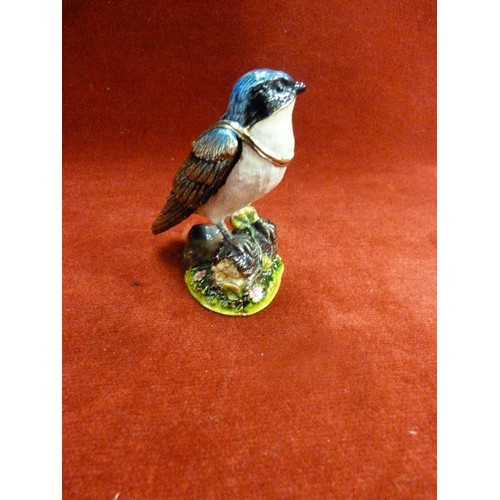 8 - ENAMELLED & GEM ENCRUSTED METAL BLUETIT ORNAMENT BOX- HINGED AT NECK - 8CM