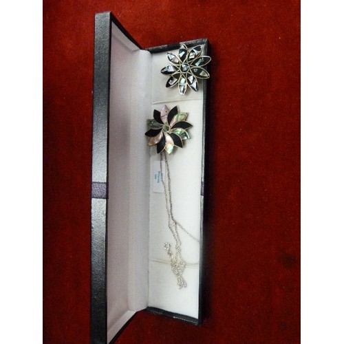 13 - MEXICO ALPACA SILVER AND ABALONE NECKLACE AND BROOCH SET WITH BOX