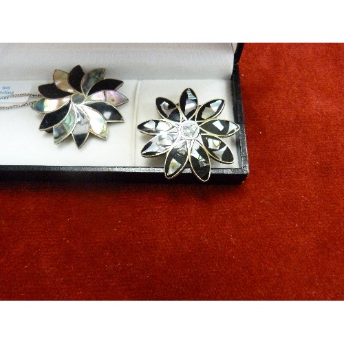 13 - MEXICO ALPACA SILVER AND ABALONE NECKLACE AND BROOCH SET WITH BOX