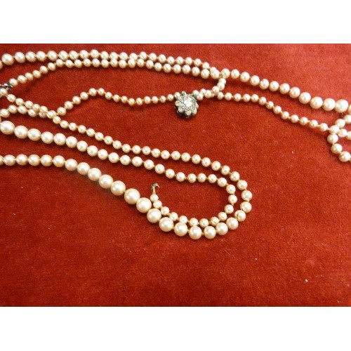 21 - BOX WITH VINTAGE SIMULATED PEARL NECKLACES INCLUDING A 3 STRAND NECKLACE WITH CLASP MARKED 