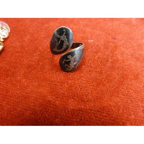 22 - VINTAGE SIAM (THAI) SILVER NIELLO RING AND A PAIR OF EARRINGS WITH BLUE STONES