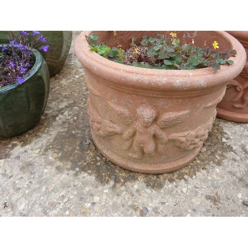 609 - PAIR OF TERRACOTTA PLANT POTS WITH CHERUB DECORATION ( 1 WITH FUCHSIA)