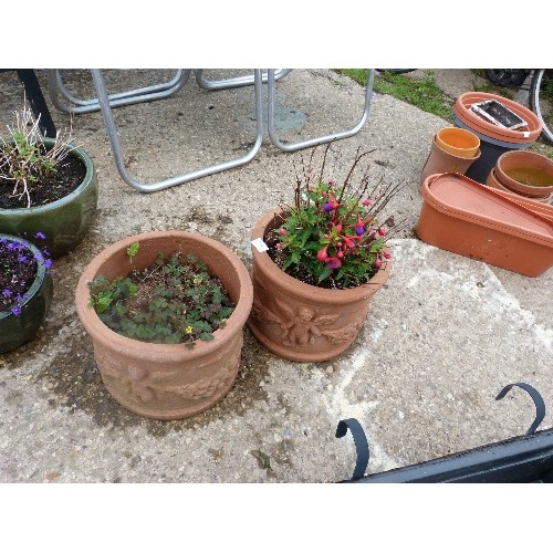 609 - PAIR OF TERRACOTTA PLANT POTS WITH CHERUB DECORATION ( 1 WITH FUCHSIA)