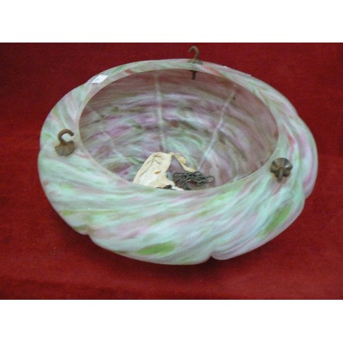 71 - 2 VINTAGE GLASS 'FLY-CATCHER' LIGHT SHADES WITH CHAINS.