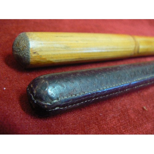 73 - 2 X VINTAGE SWAGGER STICKS. A BROWN LEATHER FINISH, AND A WOODEN.