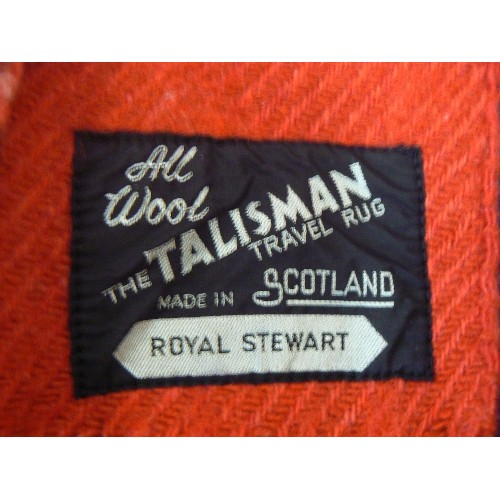 76 - VINTAGE WOOL TRAVEL RUG. RED CHECKED. THE TALISMAN, MADE IN SCOTLAND. ROYAL STEWART.